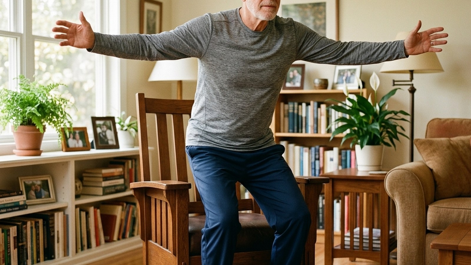 An older adult mid-action standing up from a wooden chair in a sunlit living room, arms outstretched horizontally for balance, looking forward with focus.
