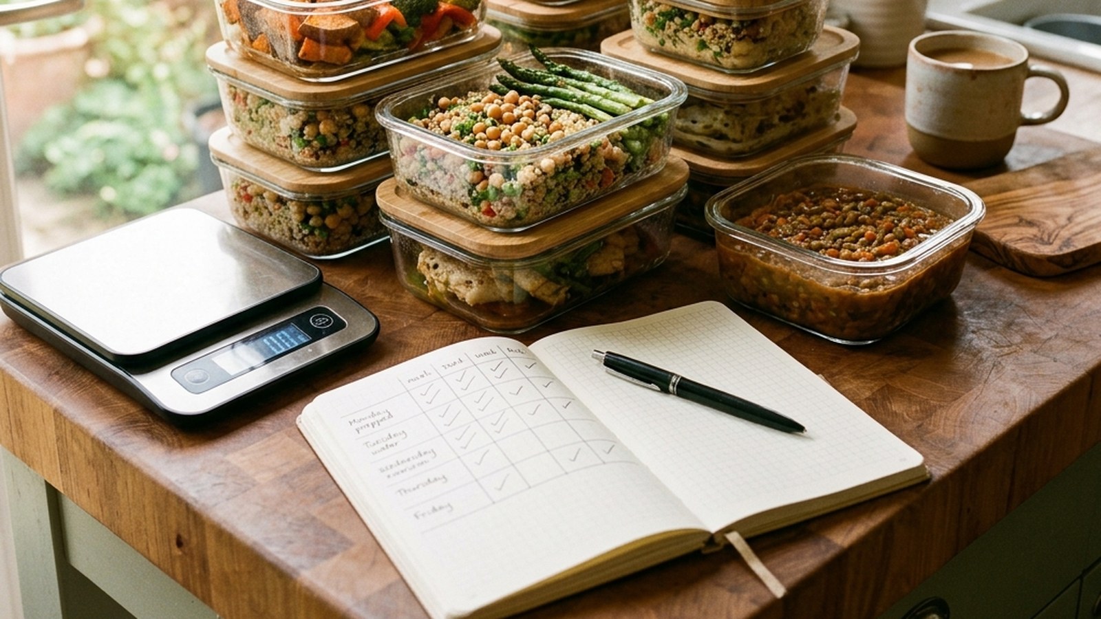 A week of batch-cooked meals in glass containers beside a digital kitchen scale and an open habit-tracking notebook