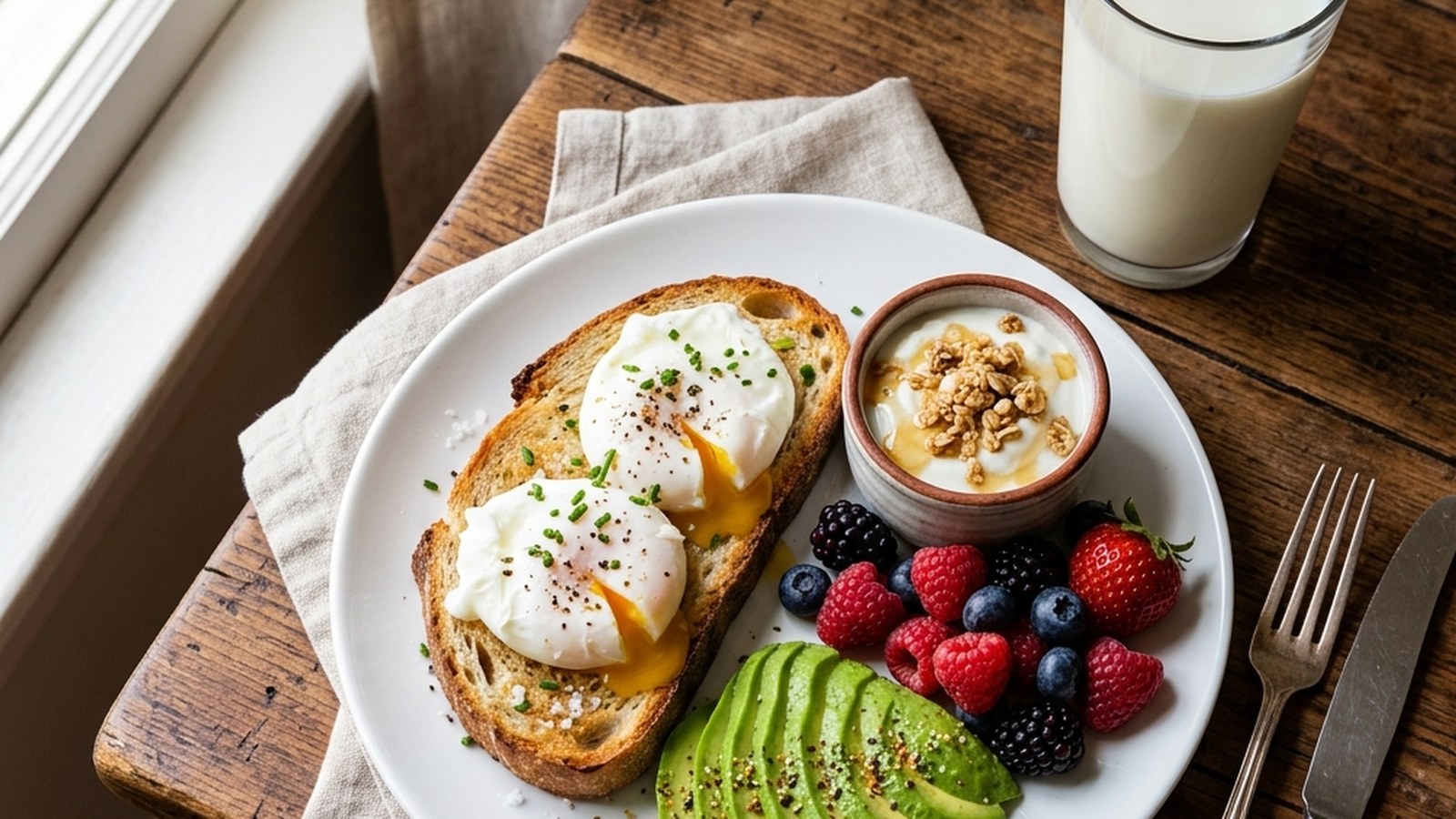 An overhead shot of a breakfast plate with eggs, smoked salmon, Greek yogurt, and a glass of milk on a wooden table.