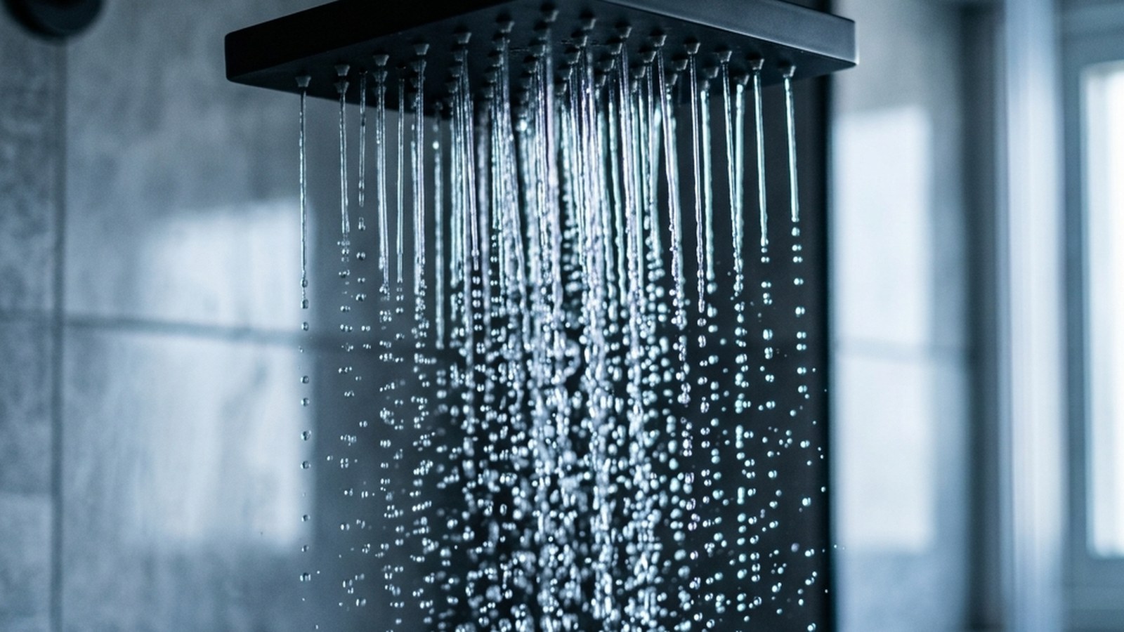 A glass walk-in shower with cold water cascading; condensation on the tiles, low morning light, no person visible.