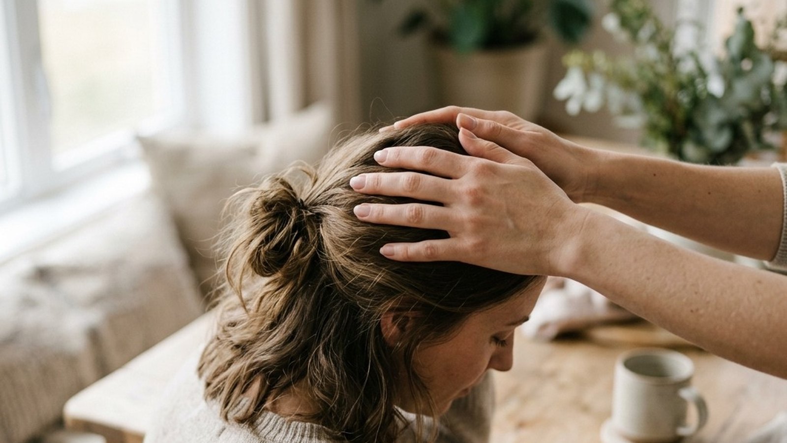 A pair of relaxed hands resting lightly on the crown of a person's head on a softly lit massage table