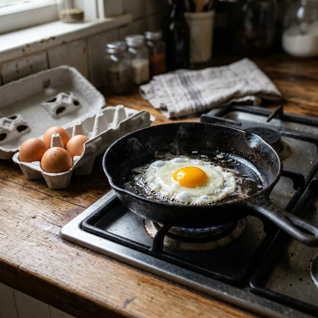 A cracked egg frying in a cast iron pan on a stovetop, with an open carton holding a few remaining eggs on a wooden counter