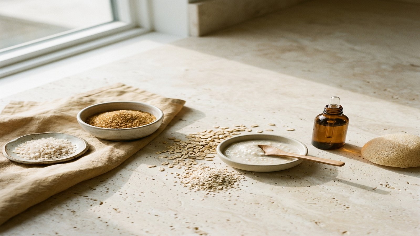 A konjac sponge, an AHA toner bottle, and colloidal-oatmeal wash on a bathroom shelf in warm light
