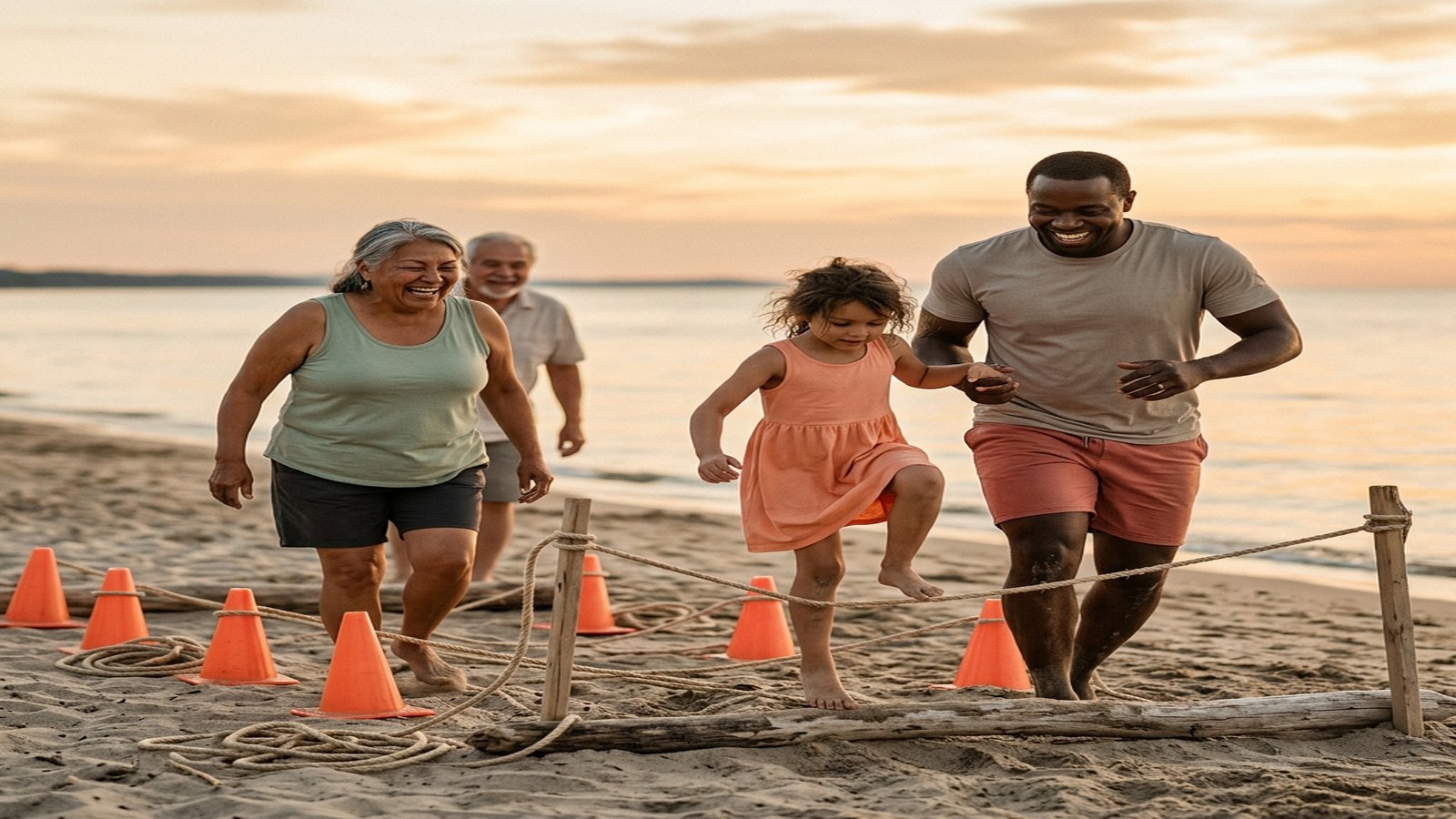 Family beach obstacle course