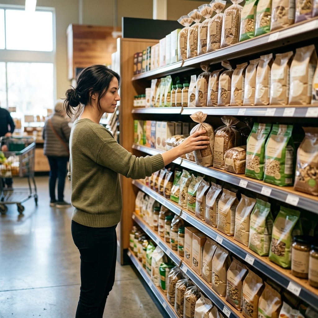 A shopper in a supermarket free-from aisle reaches for a packaged loaf on a shelf lined with alternative-grain breads