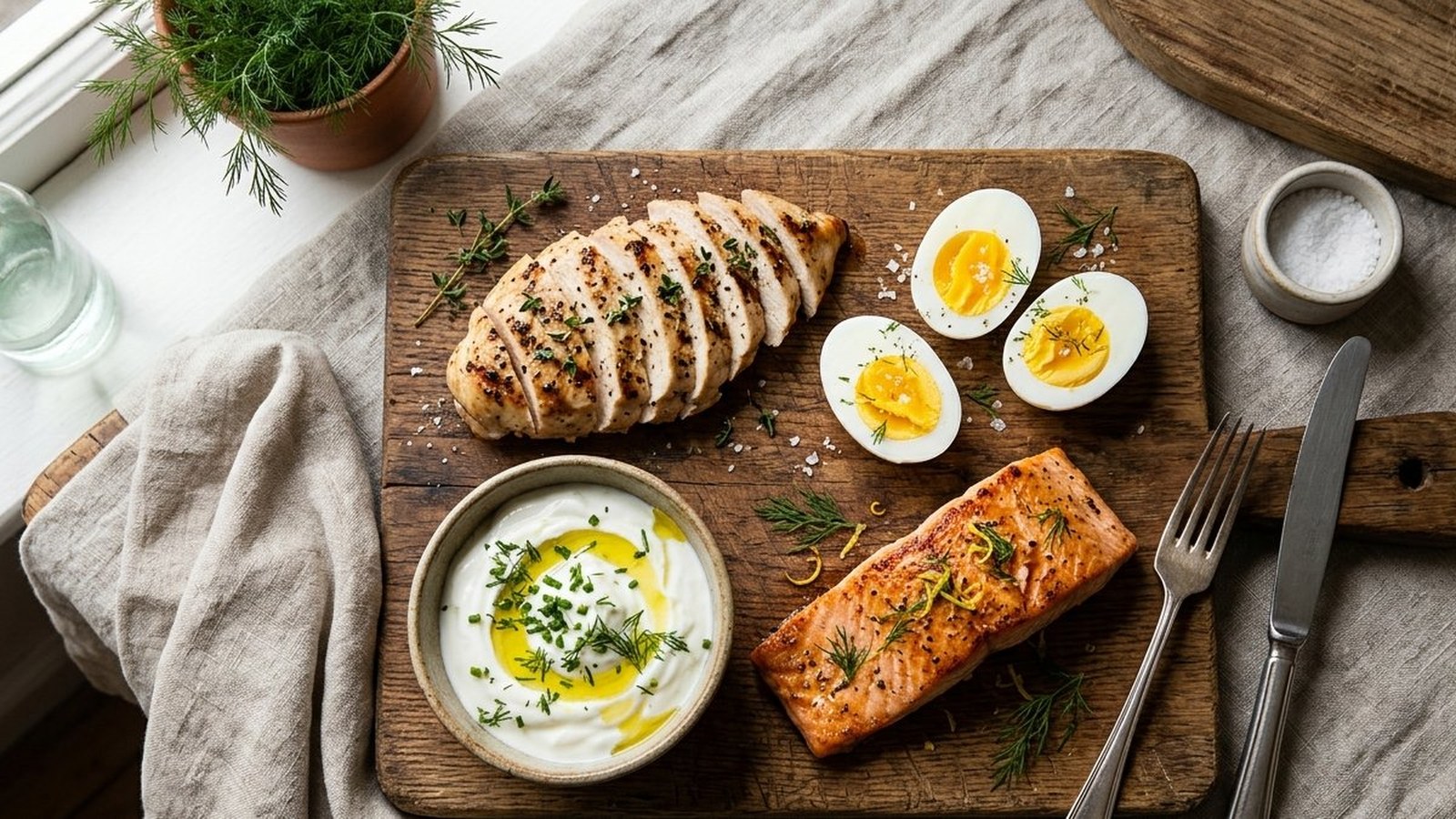 Grilled chicken breast, baked salmon, and boiled eggs plated on a wooden board