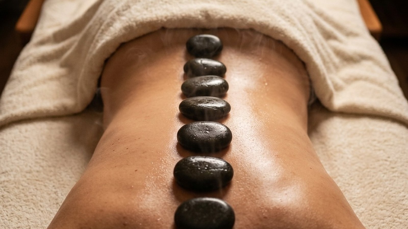 Smooth dark basalt stones resting in a row on an oiled lower back in warm spa light