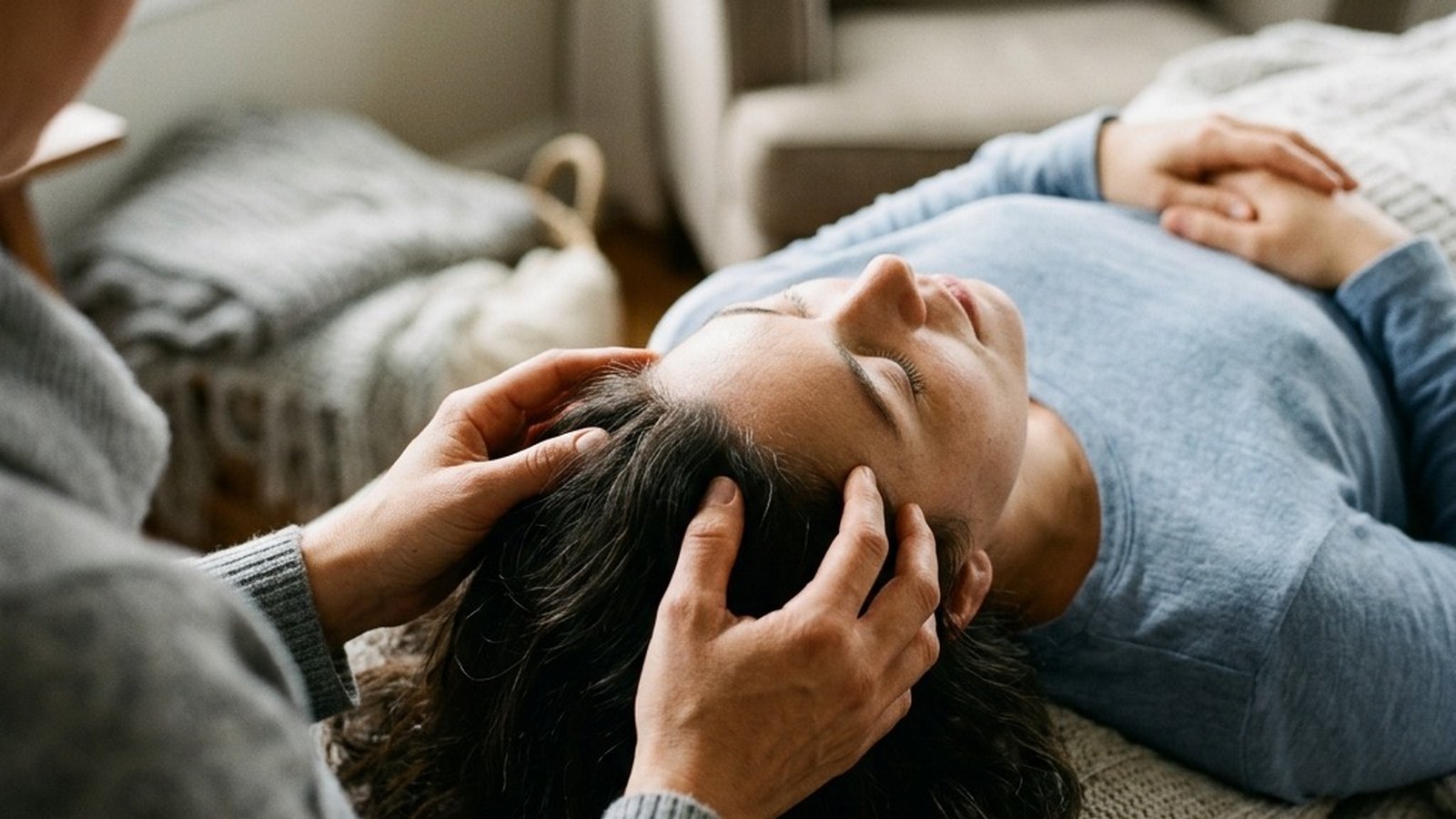 Relaxed hands cradling a reclining person's head with fingertips at the temples and scalp in soft natural light