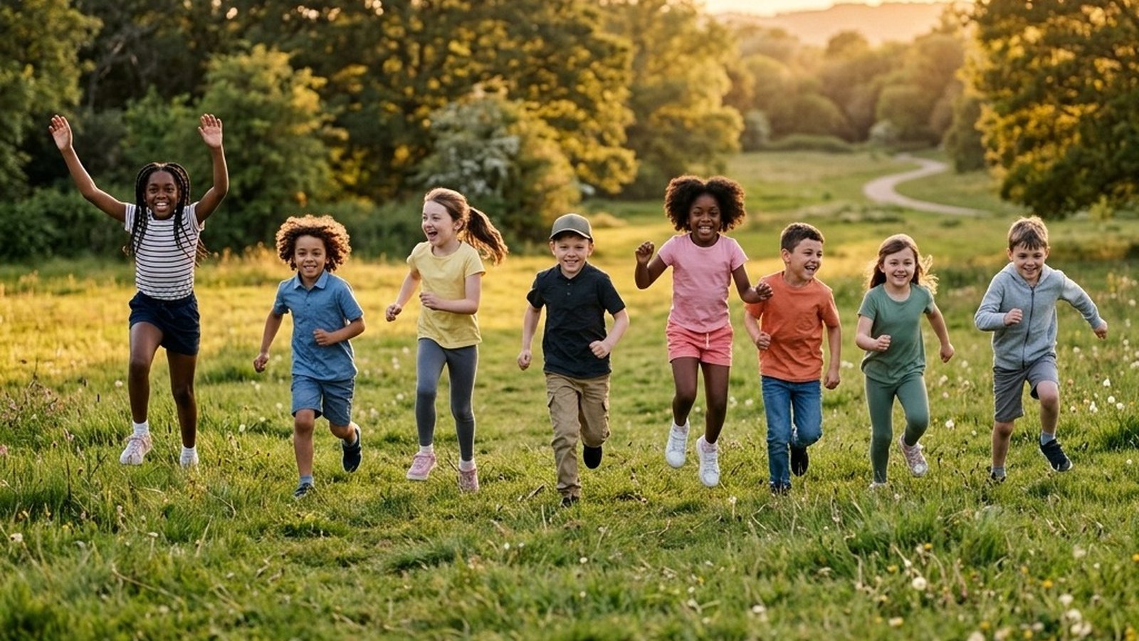 A diverse group of children running and jumping across a grassy park field at golden hour