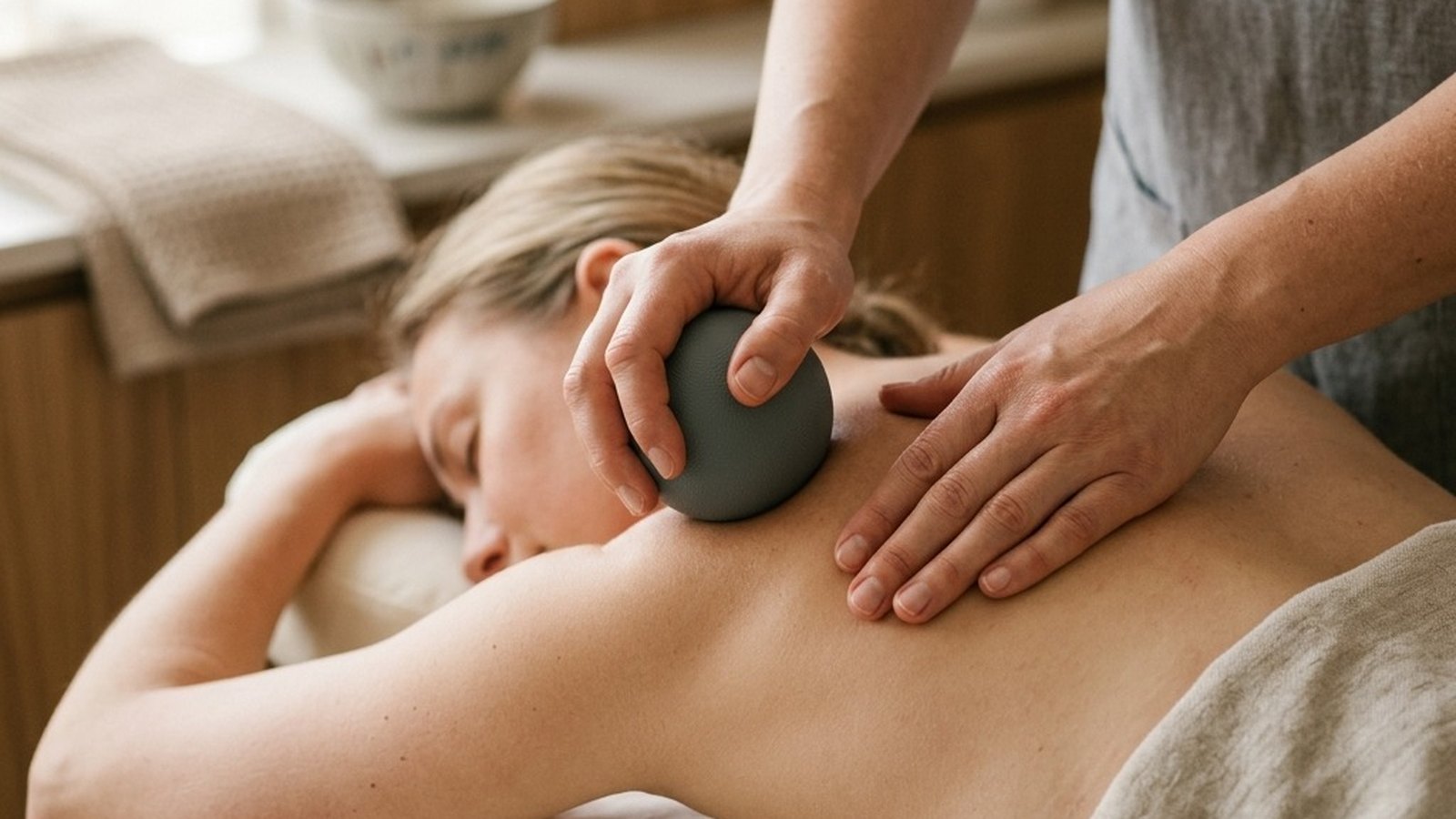Hands pressing a plain massage ball into a relaxed bare shoulder and upper back in soft, warm light