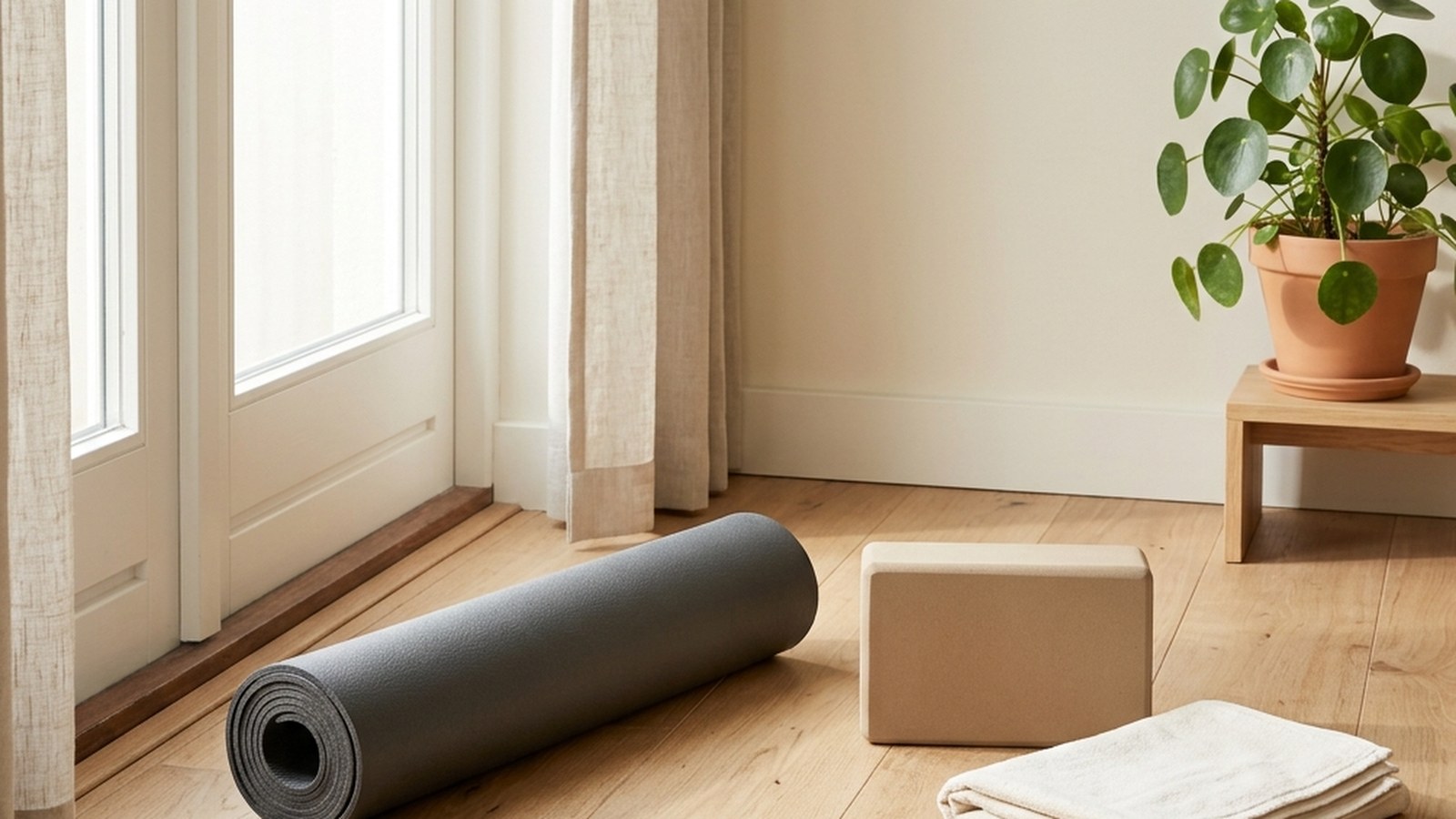 An adult performing a pelvic floor activation drill on a yoga mat in a sunlit living room, knees bent, hands resting on the lower abdomen.