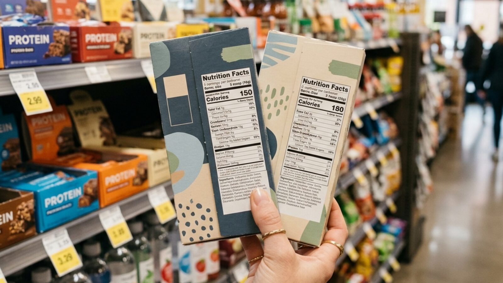 A shopper's hands hold two protein-fortified packages side by side, comparing the Nutrition Facts panels on each, with bars