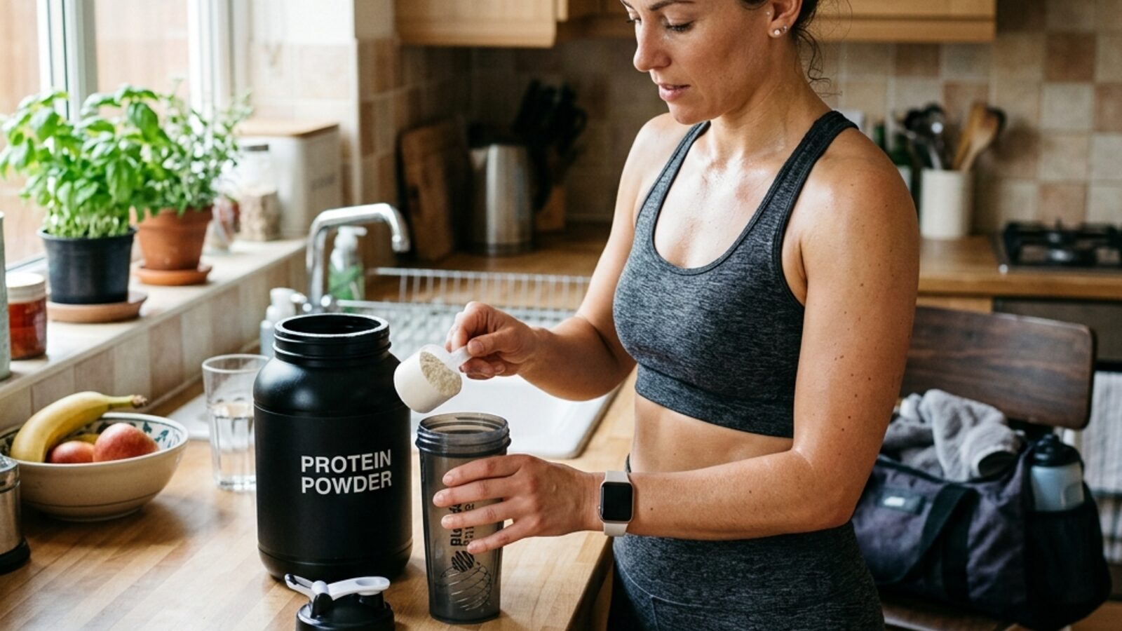 A person in workout clothes tips a scoop of powder into a plastic shaker bottle on a pale kitchen counter, a gym bag slumped