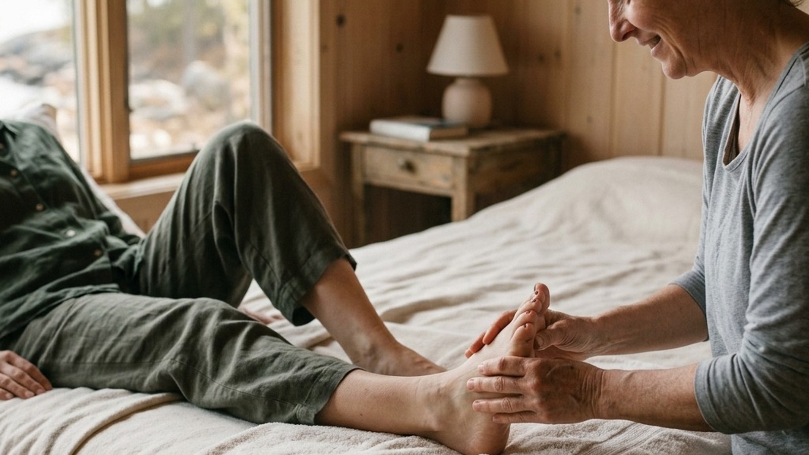 Close-up of a relaxing foot massage in a calm, warmly lit spa setting
