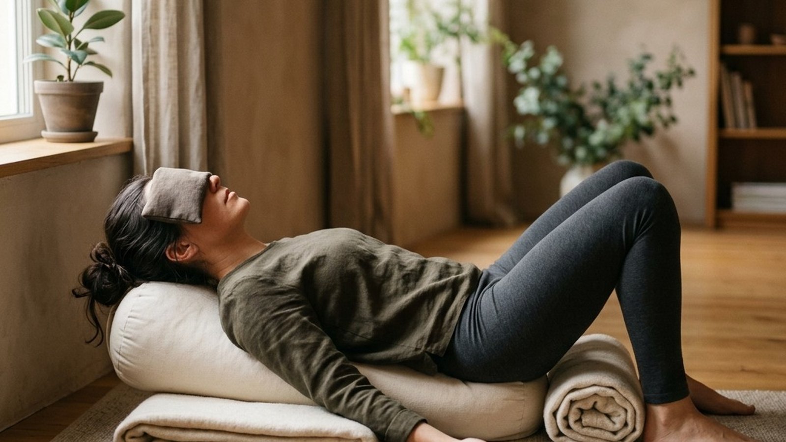 A person lying in a fully supported reclined yoga pose over a bolster and folded blanket in soft natural light