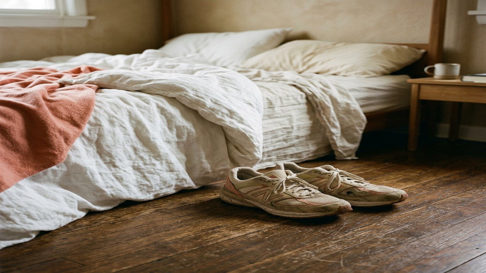 An unmade bed and a bedside alarm clock in early-morning light
