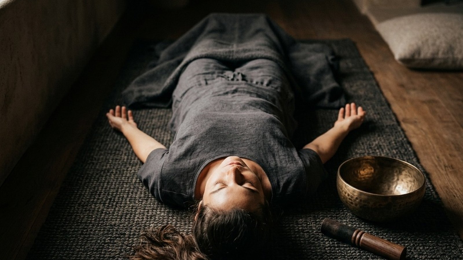 A person lying with eyes closed on a mat in a dim, warm-lit room beside a hammered metal singing bowl and wooden striker