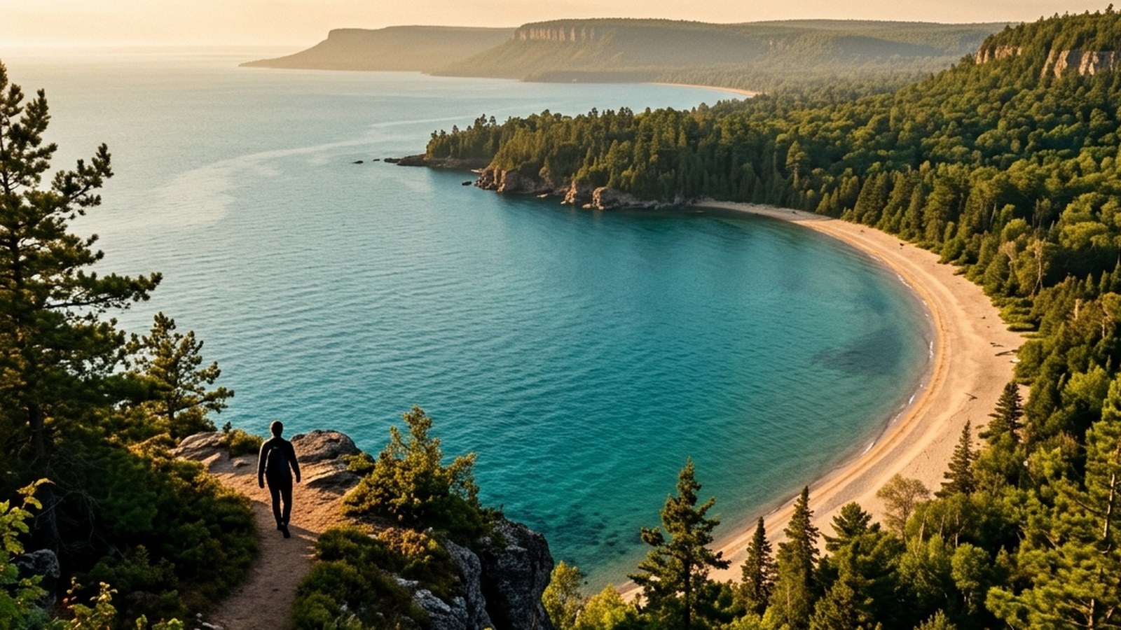 A regional tour-guide hero: Georgian Bay shoreline, escarpment hardwood forest in autumn colour, and a trail vanishing into the trees.