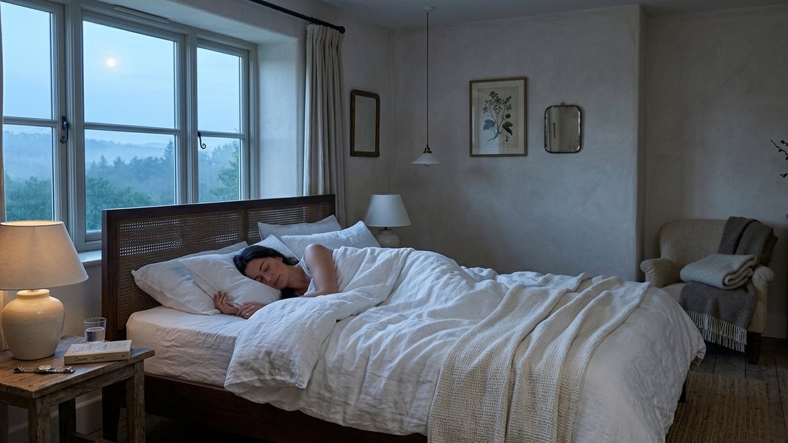 A woman asleep in bed at dusk, moonlight and a hazy forest view through the window