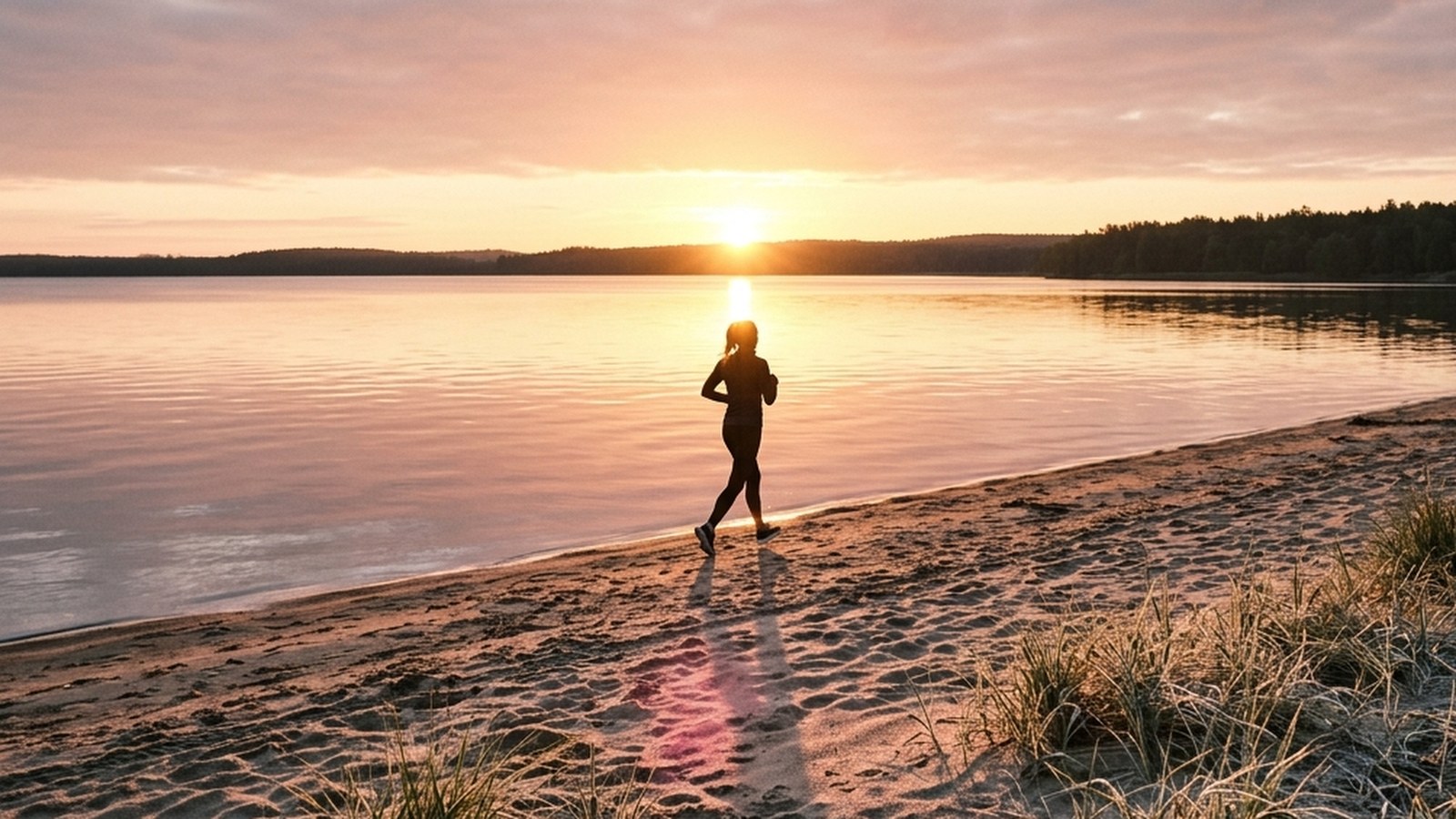 A solitary silhouette walking eastward along a sandy lakeshore at sunrise, long golden shadow cast back along the wet sand, dune grass in the foreground.