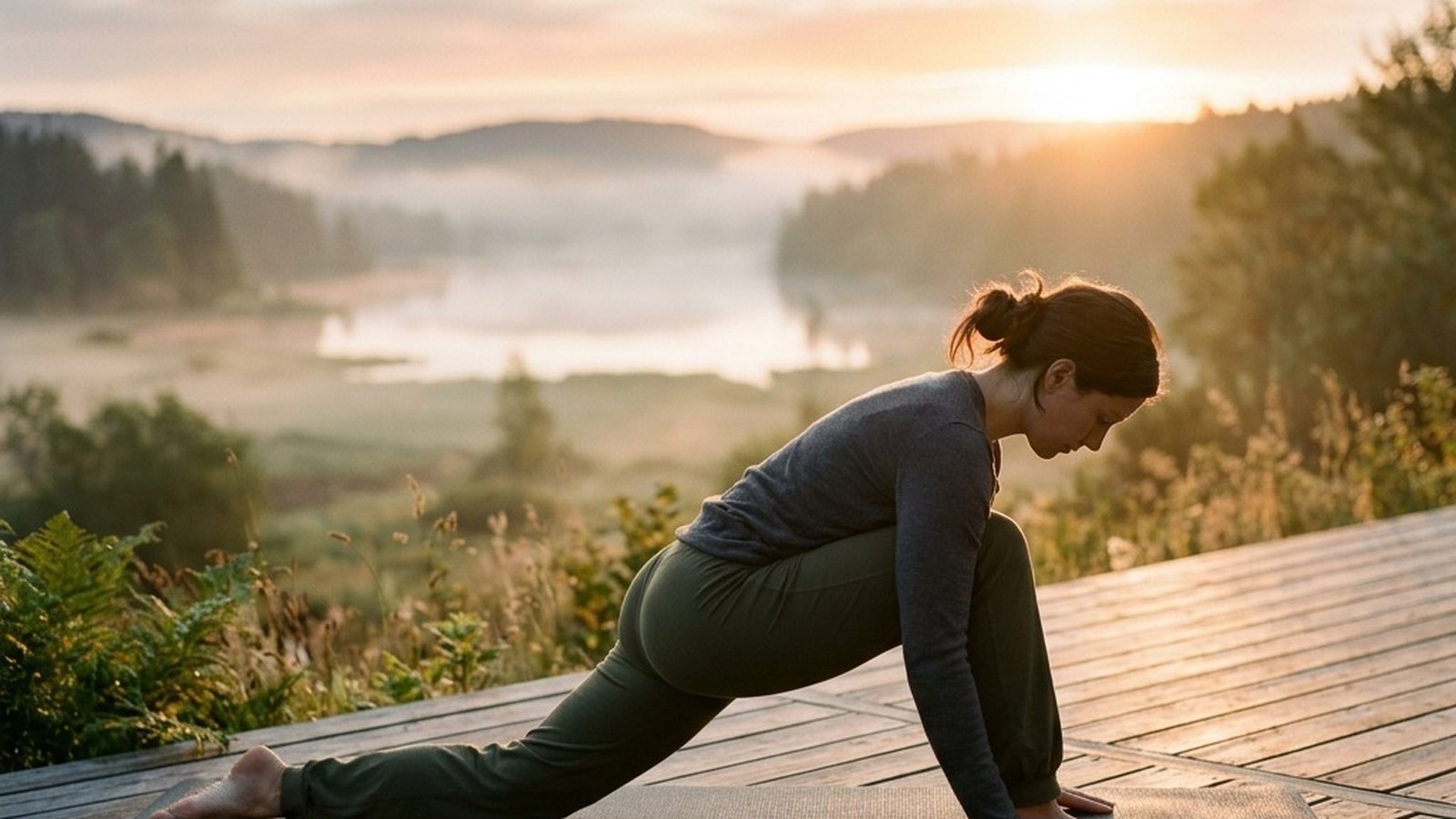 A person practising a gentle yoga stretch on a wooden deck at dawn in warm, low-angle sunlight