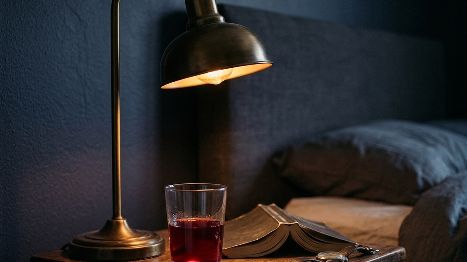 A small glass of deep red tart cherry juice on a bedside table beside an open book and a soft reading lamp.
