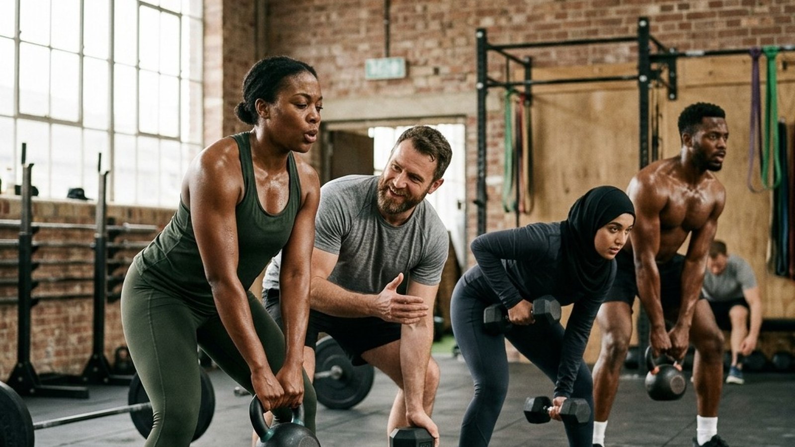 A small diverse group training together with kettlebells in a bright functional gym