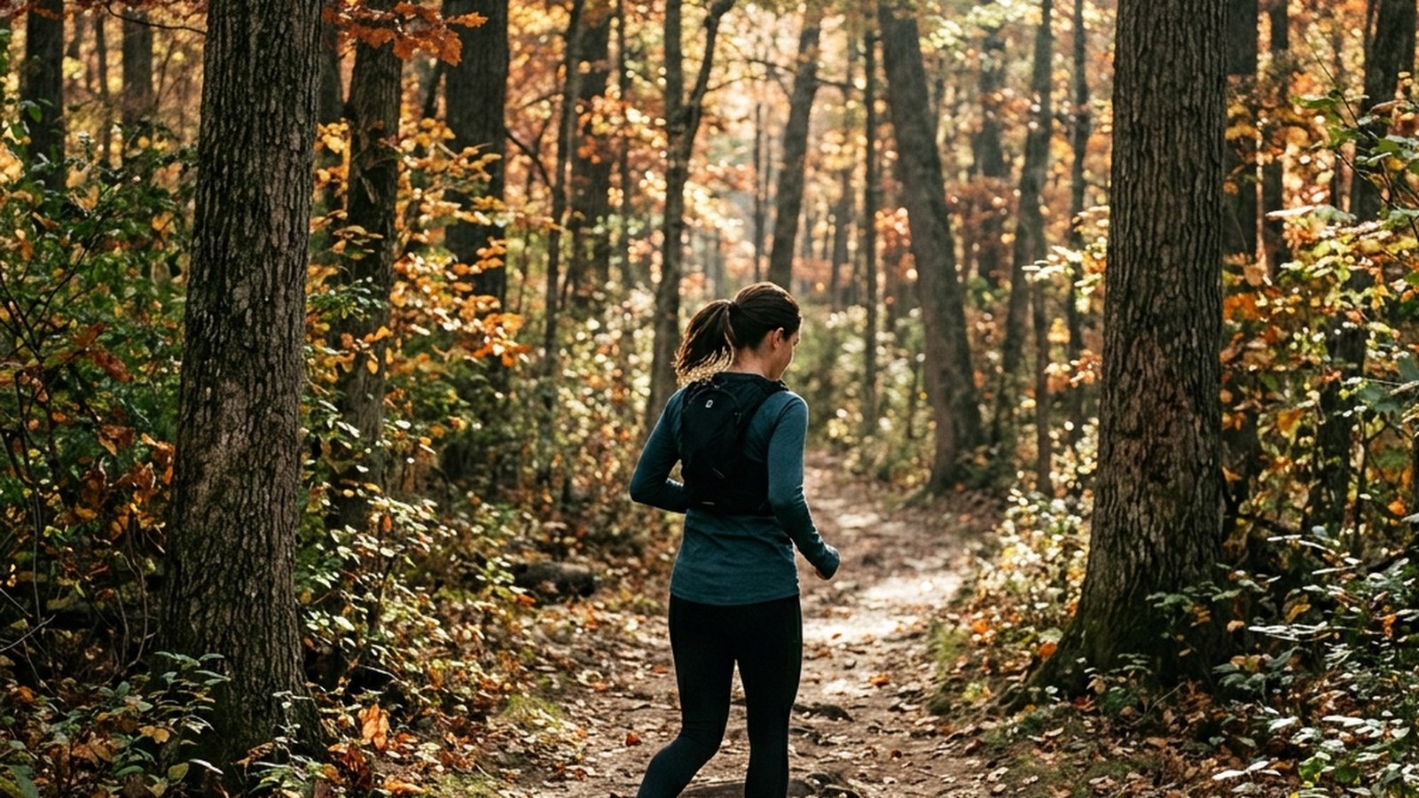 A wide gravel rail trail with two walkers in mid-stride, framed by autumn maples, soft afternoon light.