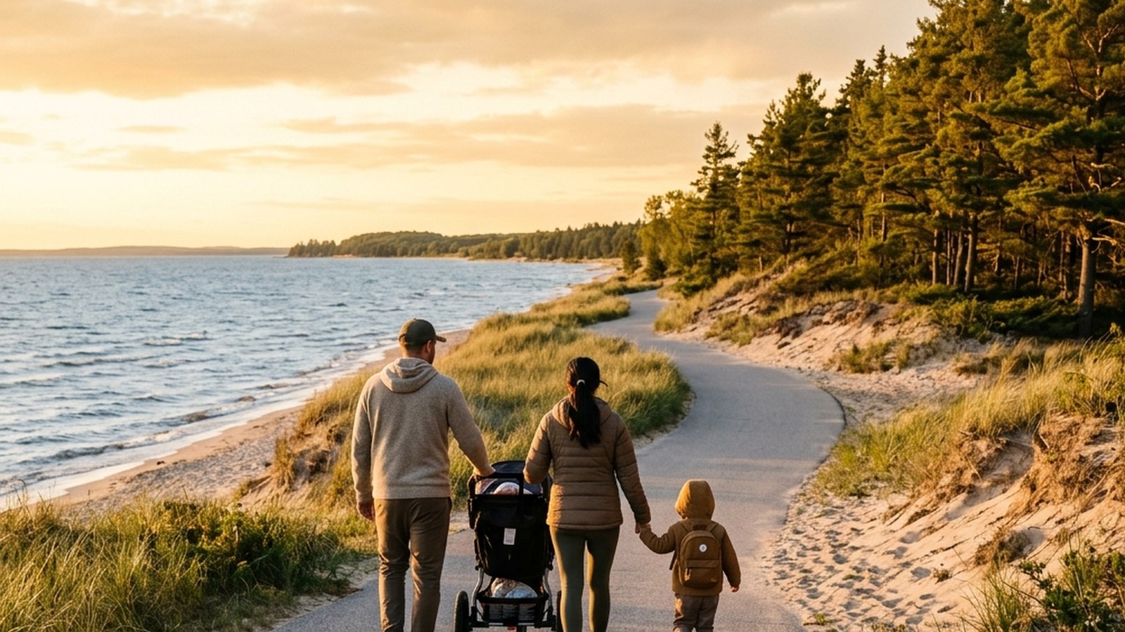 A young family walking together on a paved Wasaga Beach lakeshore trail at golden hour, parents pushing a jogging stroller, small child walking alongside.
