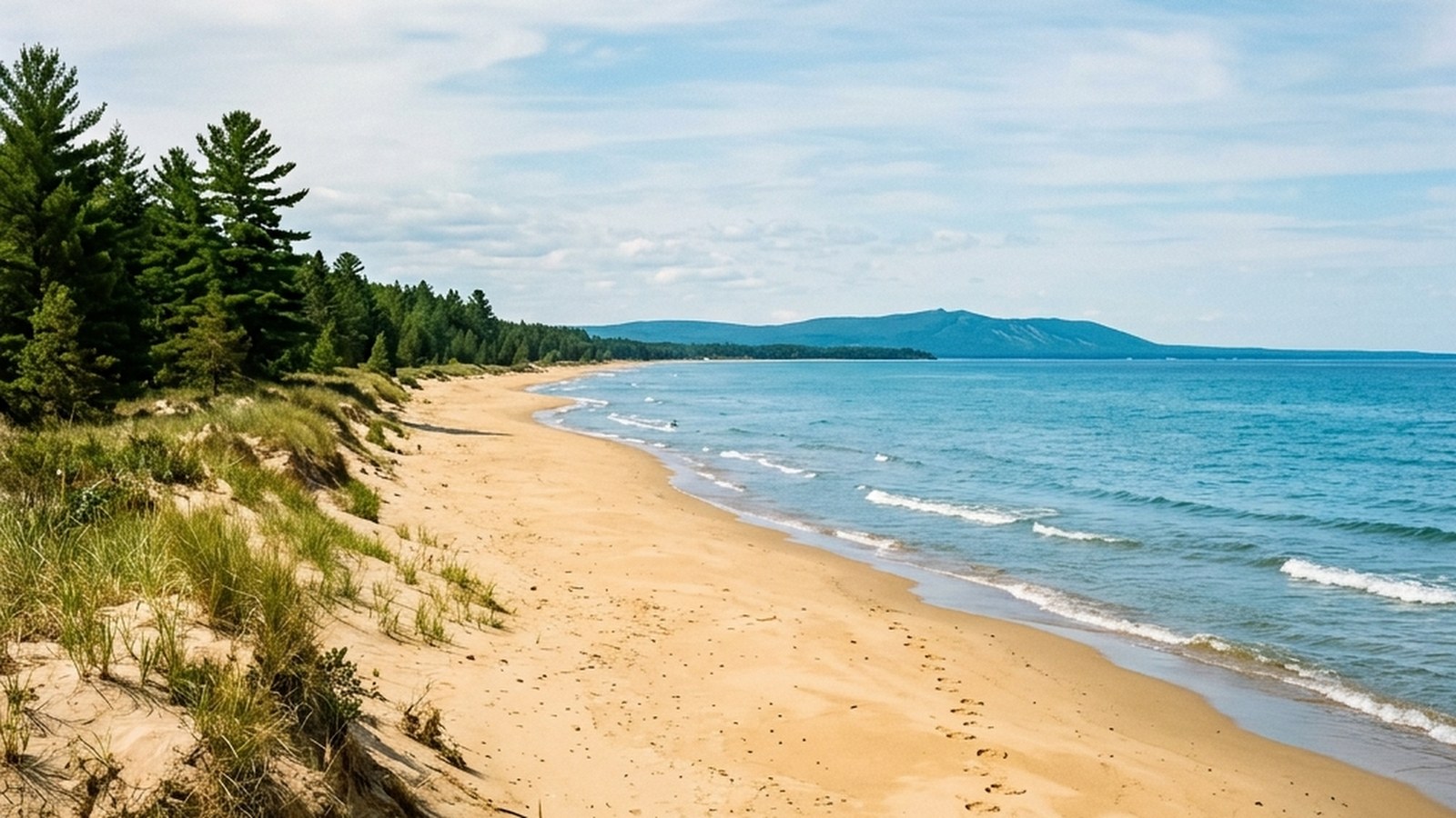 A wide empty crescent of golden sand at Wasaga Beach Provincial Park in early summer, calm Georgian Bay water, single set of footprints, distant view of Blue Mountain.