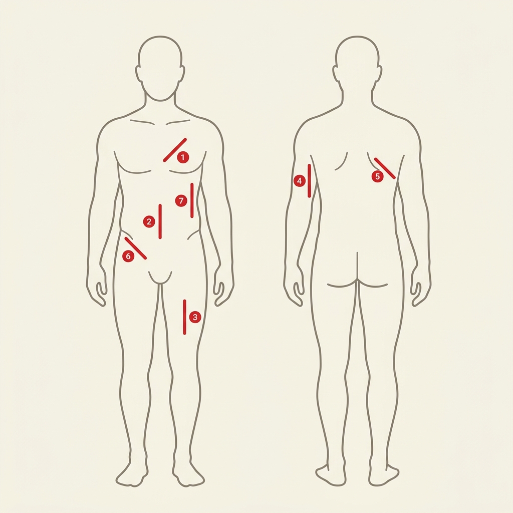 Anatomical schematic of the seven Jackson-Pollock skinfold sites: chest, abdominal, thigh, tricep, subscapular, suprailiac, midaxillary